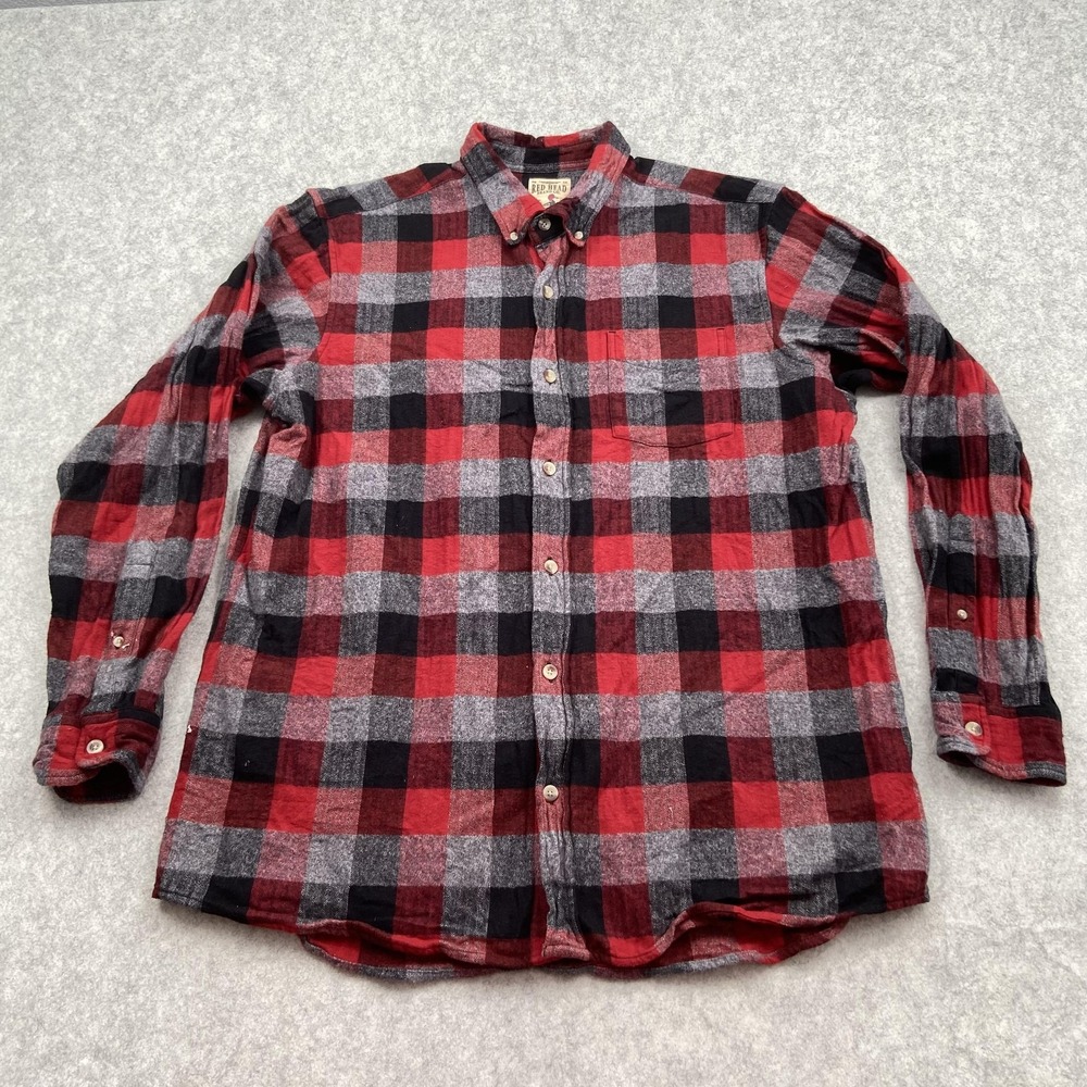 RedHead Shirt Mens XL Red Plaid Flannel Button Up Long Sleeve *STAIN* Casual